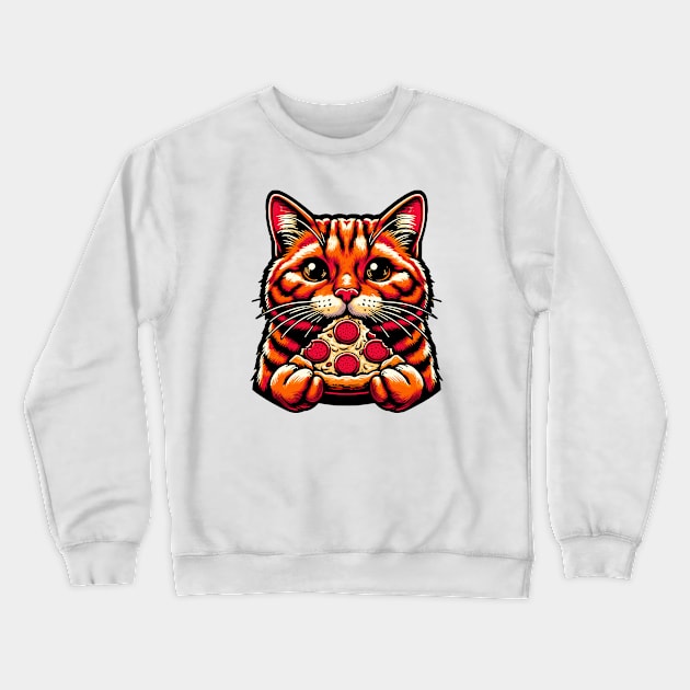 Ginger Cat Eating Pizza Crewneck Sweatshirt by Mey Designs